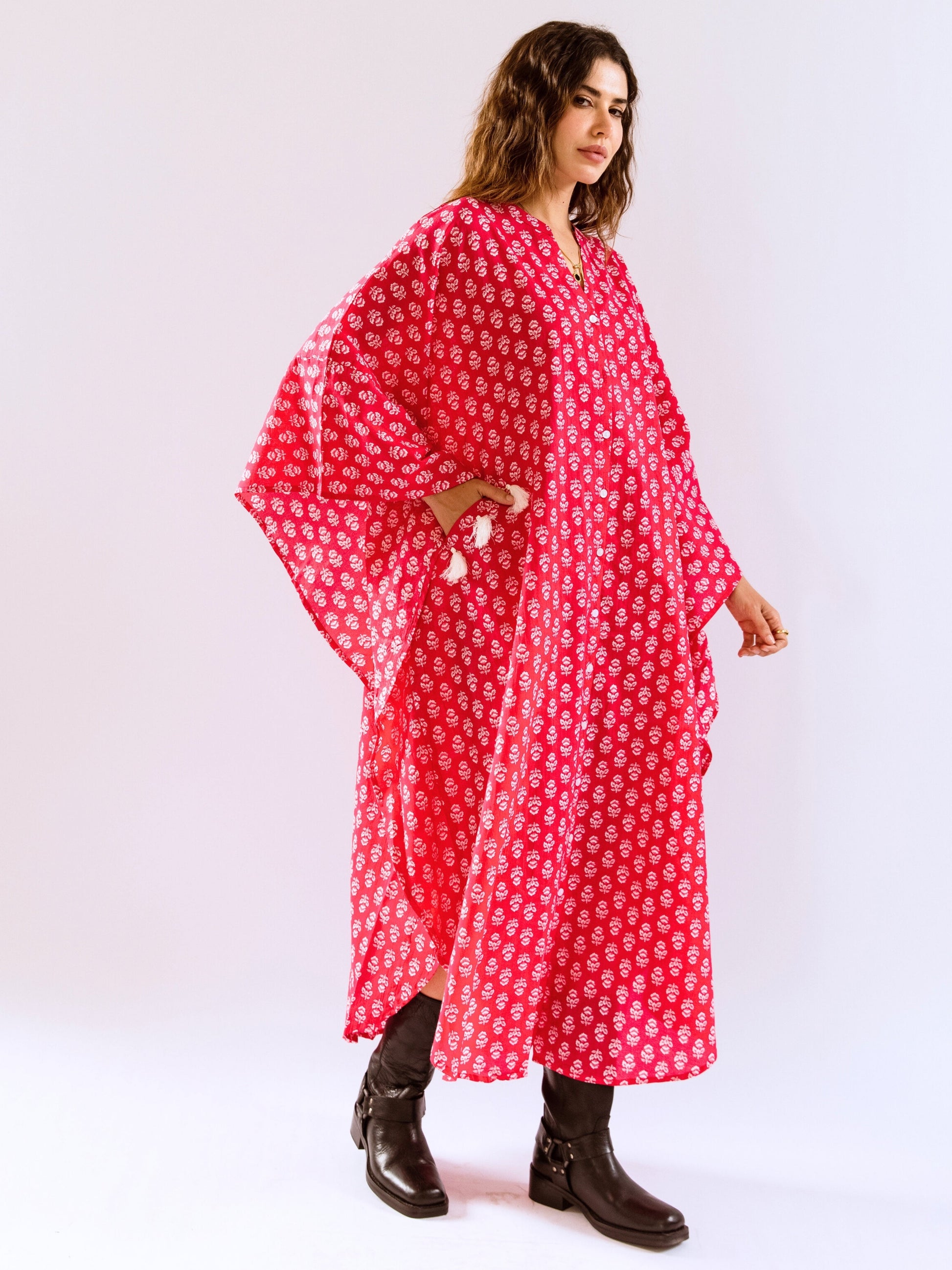 Pink Fantasy Flare Pure Cotton V neck Kaftan Dress