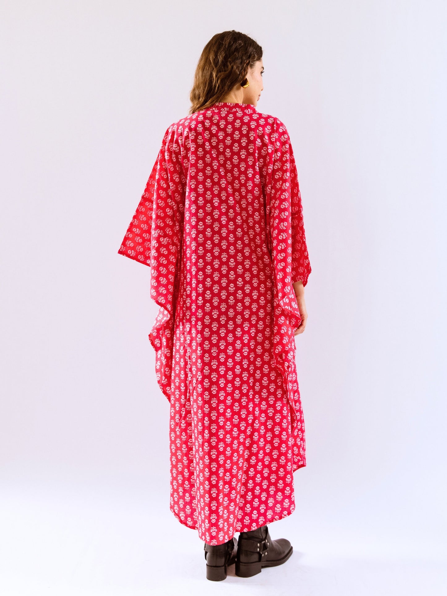 Pink Fantasy Flare Pure Cotton V neck Kaftan Dress