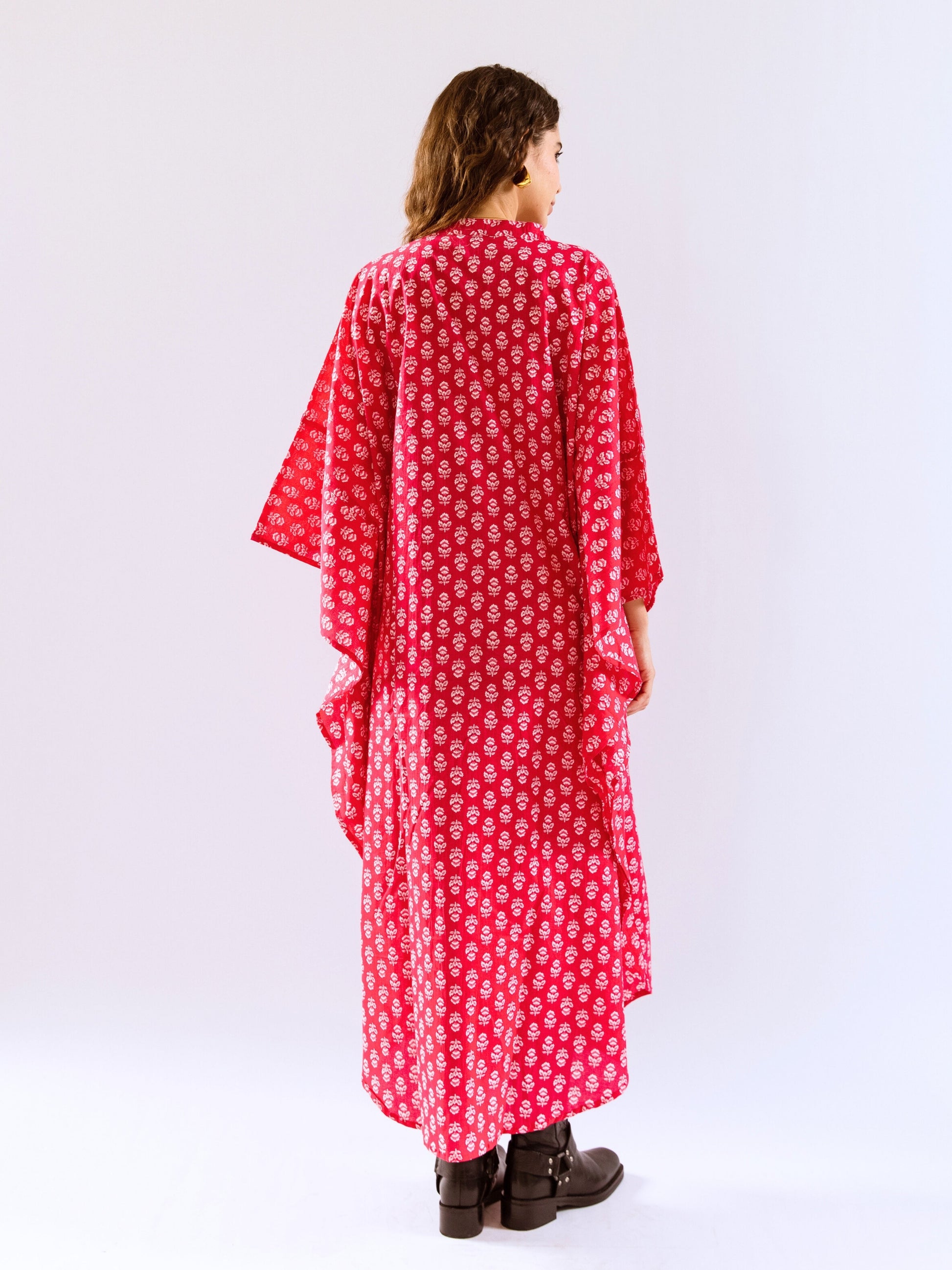 Pink Fantasy Flare Pure Cotton V neck Kaftan Dress