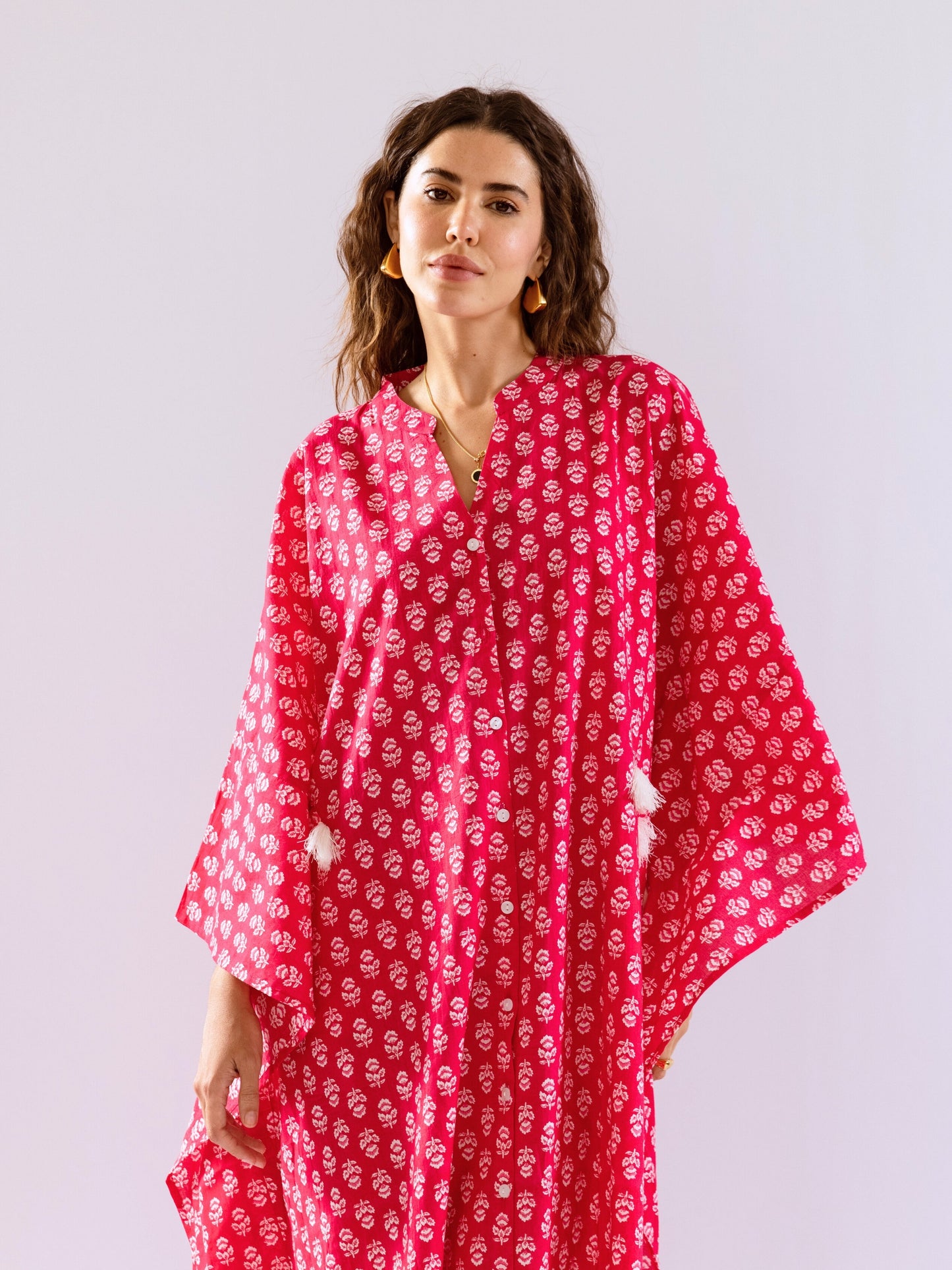Pink Fantasy Flare Pure Cotton V neck Kaftan Dress