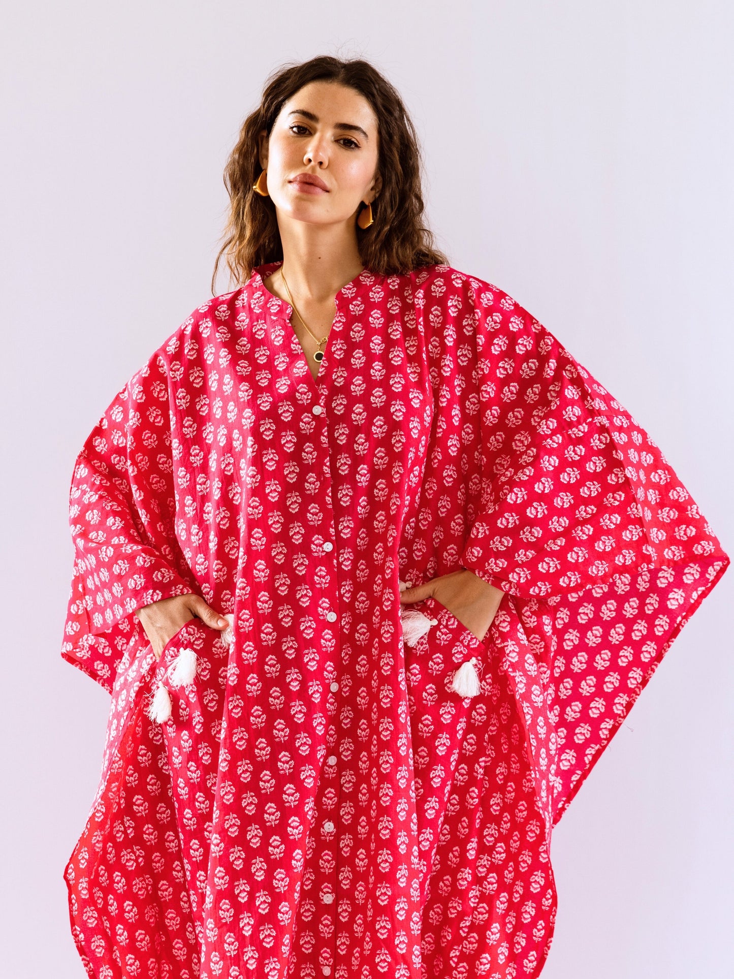 Pink Fantasy Flare Pure Cotton V neck Kaftan Dress