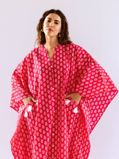 Pink Fantasy Flare Pure Cotton V neck Kaftan Dress