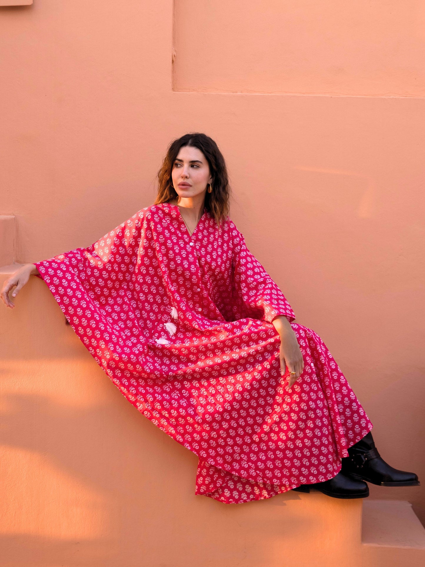 Pink Fantasy Flare Pure Cotton V neck Kaftan Dress