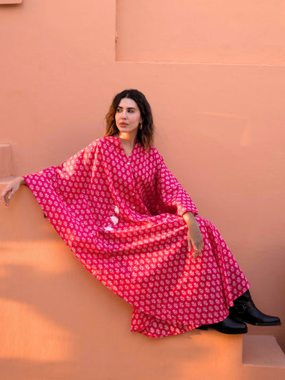 Pink Fantasy Flare Pure Cotton V neck Kaftan Dress