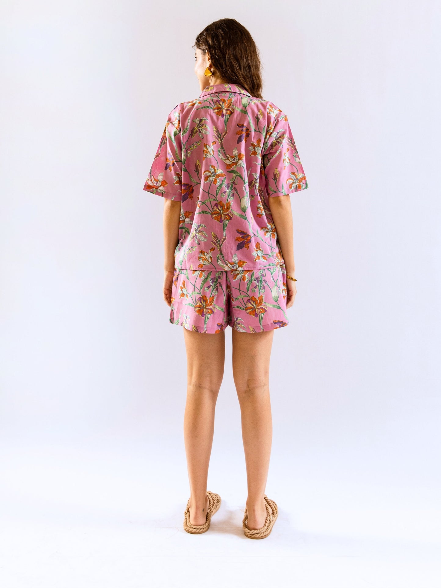Pink Posy print Pure Cotton Collar Co-ord shorts set