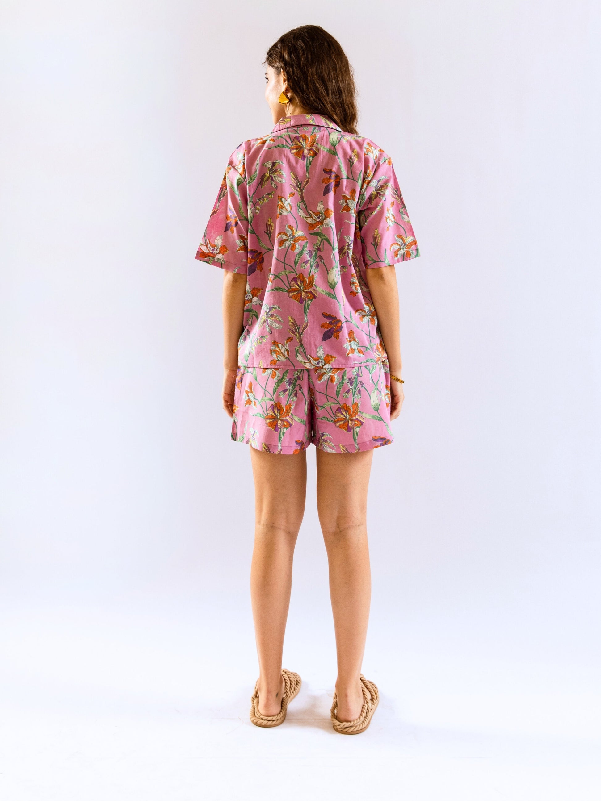Pink Posy print Pure Cotton Collar Co-ord shorts set