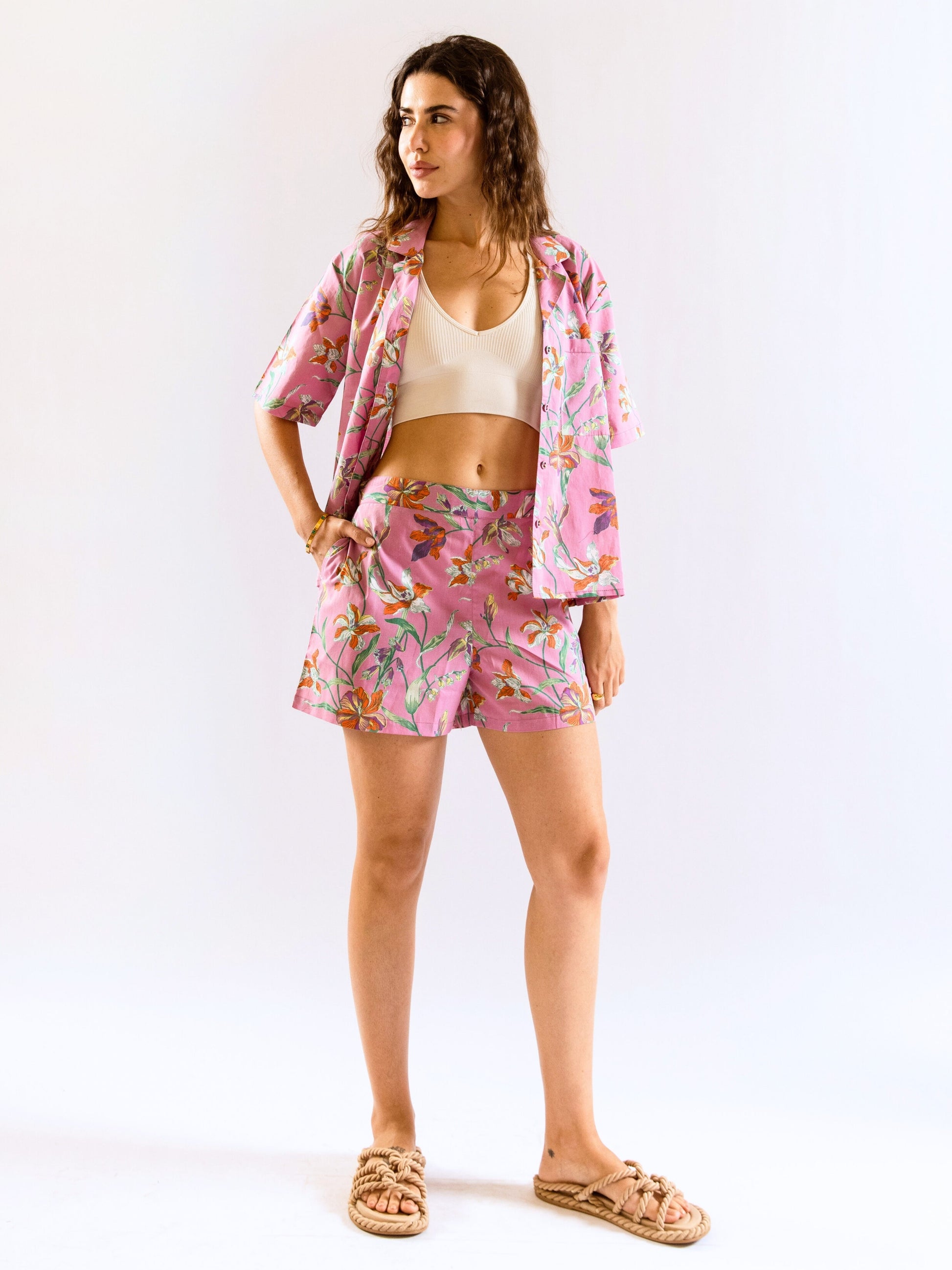 Pink Posy print Pure Cotton Collar Co-ord shorts set