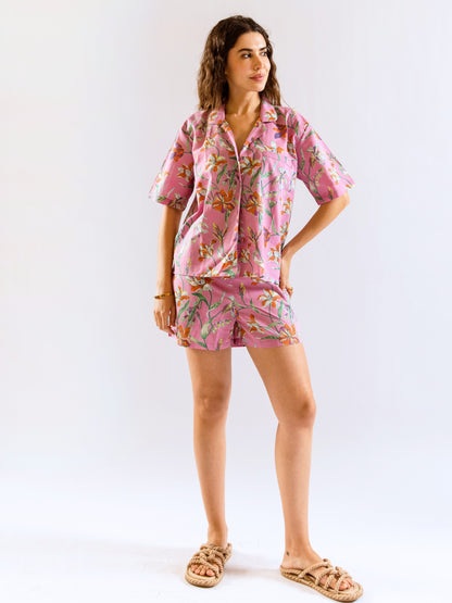 Pink Posy print Pure Cotton Collar Co-ord shorts set