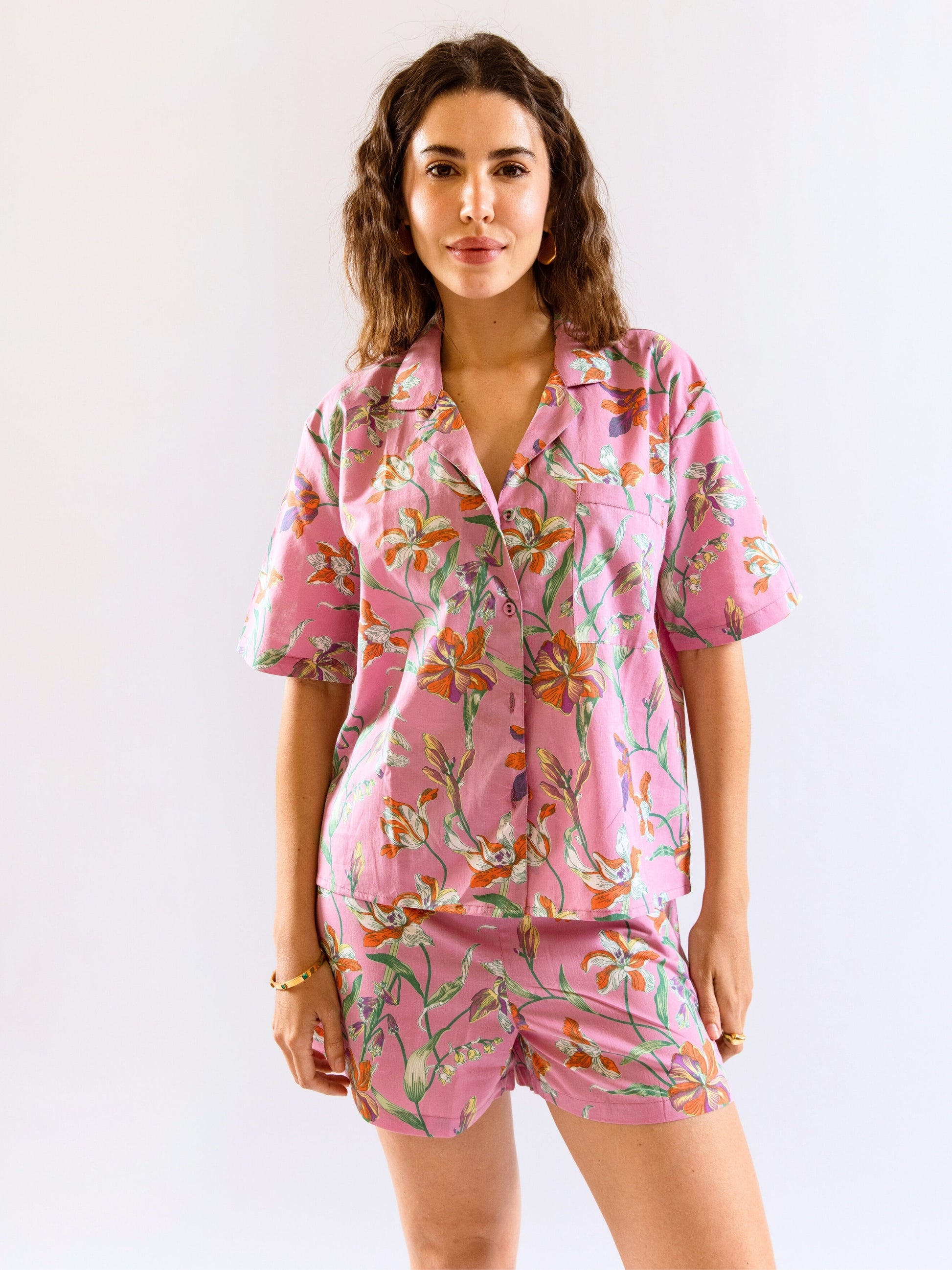 Pink Posy print Pure Cotton Collar Co-ord shorts set