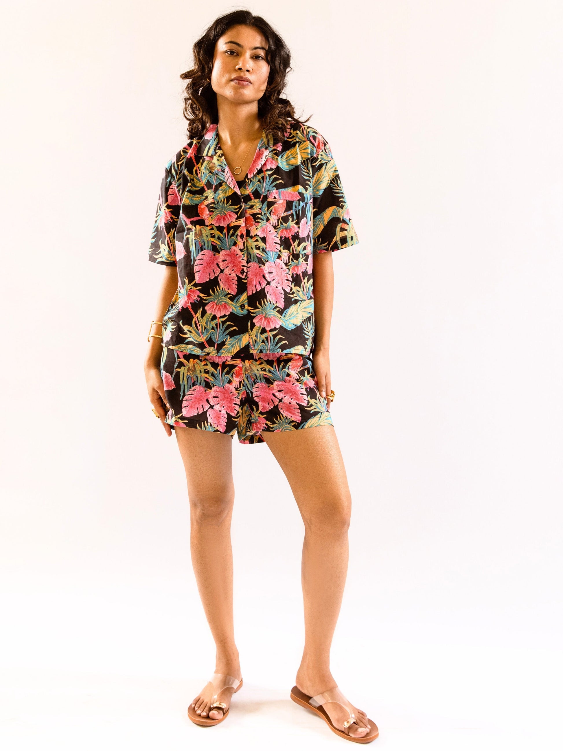 Black Botanic Bliss Pure Cotton Collar co-ord Shorts set