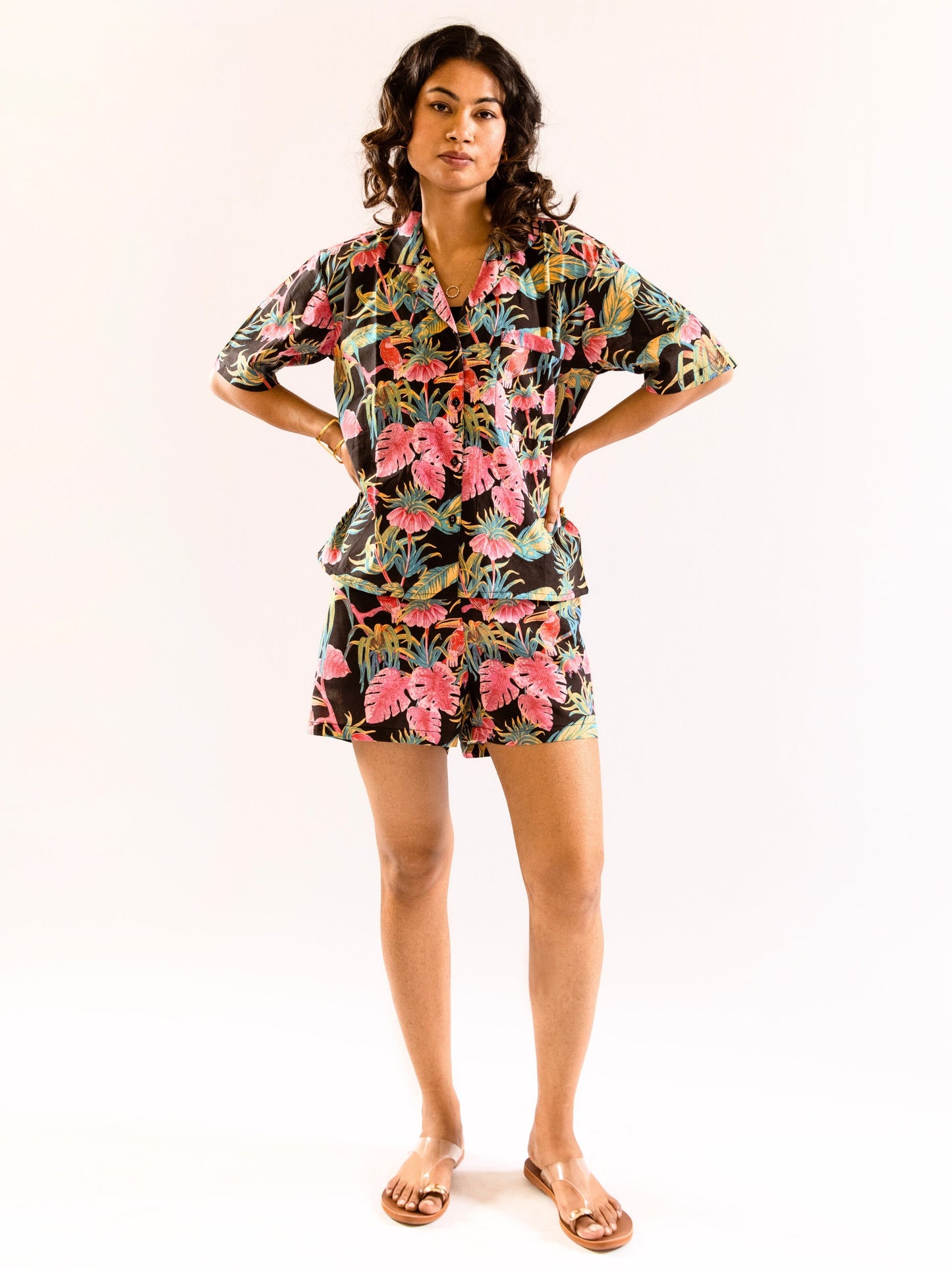 Black Botanic Bliss Pure Cotton Collar co-ord Shorts set