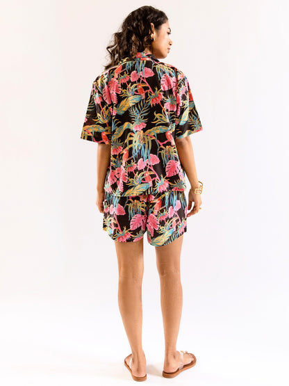 Black Botanic Bliss Pure Cotton Collar co-ord Shorts set