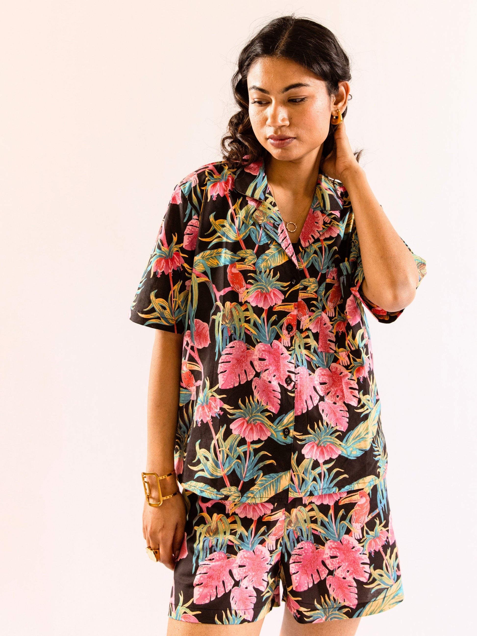 Black Botanic Bliss Pure Cotton Collar co-ord Shorts set