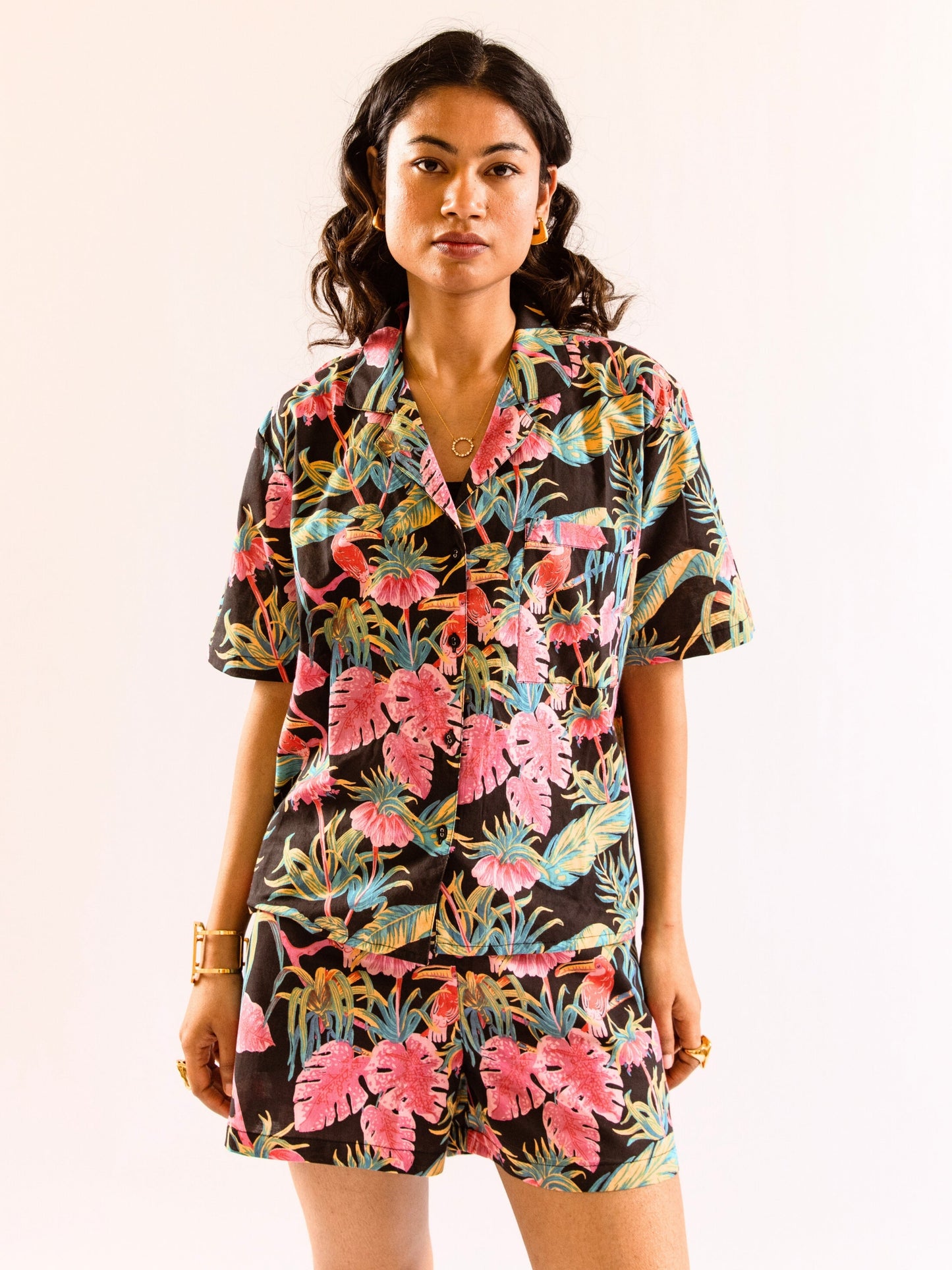 Black Botanic Bliss Pure Cotton Collar co-ord Shorts set