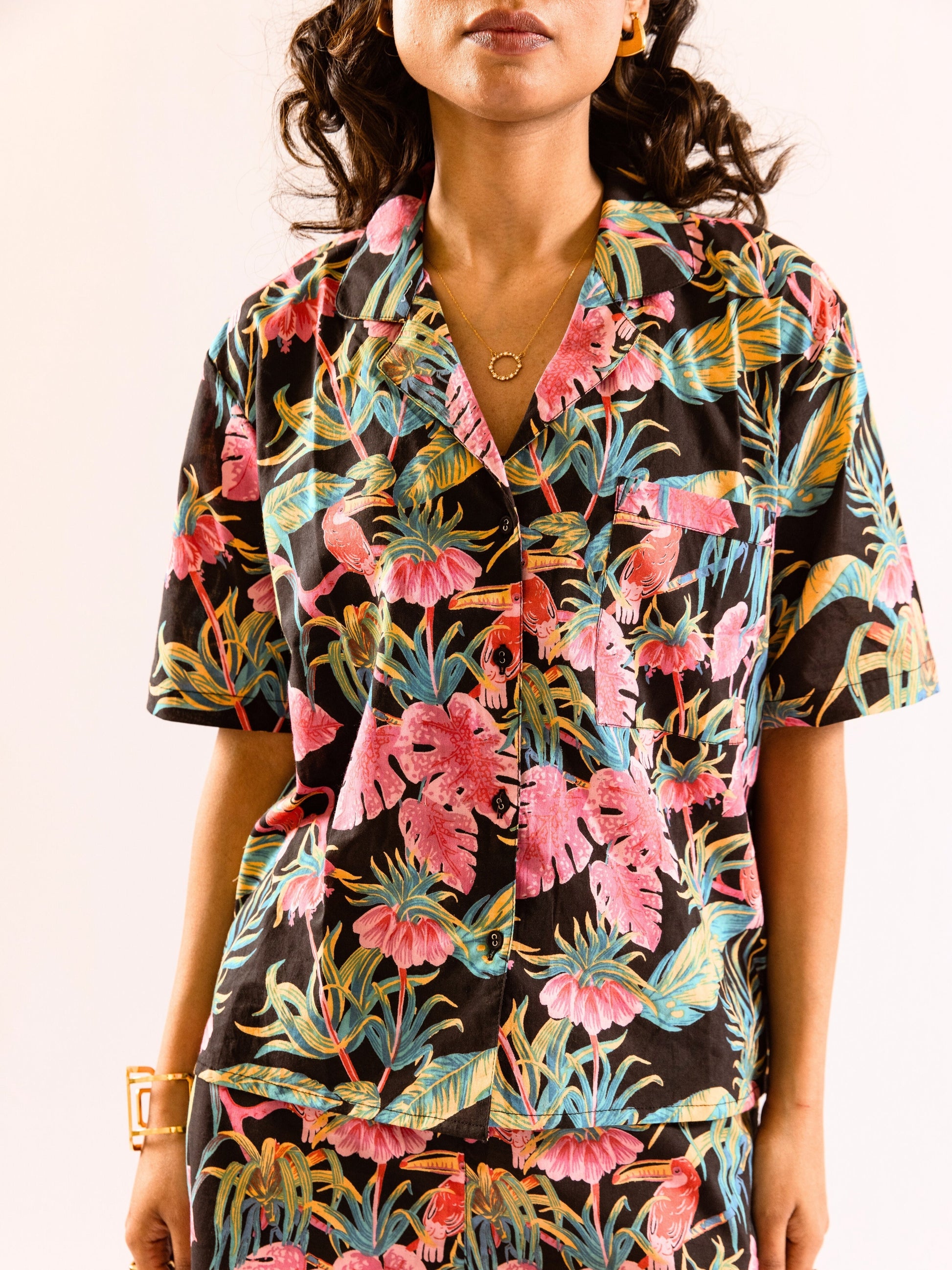 Black Botanic Bliss Pure Cotton Collar co-ord Shorts set