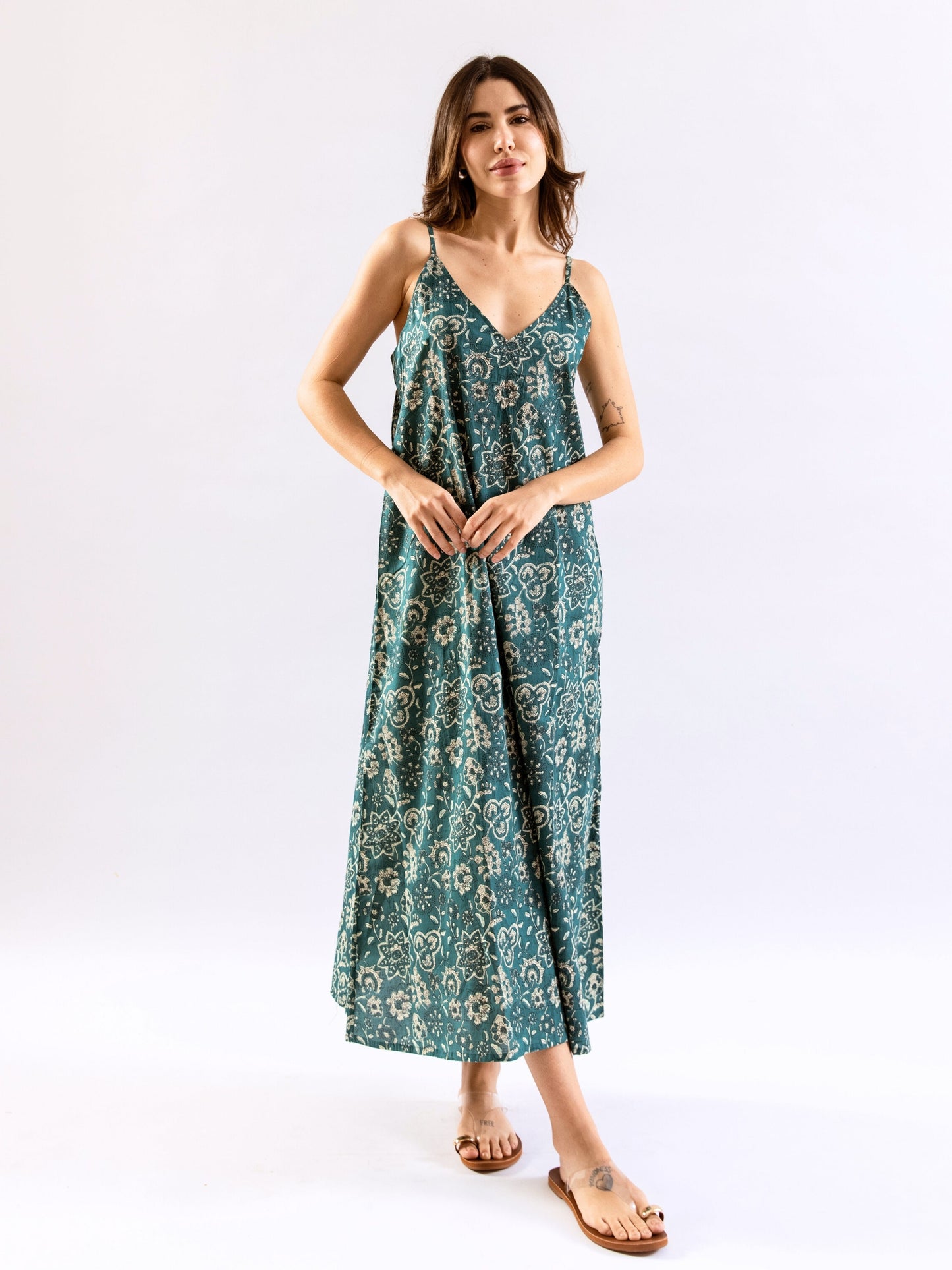 Teal BloomEase Pure Cotton v neck Night Maxi