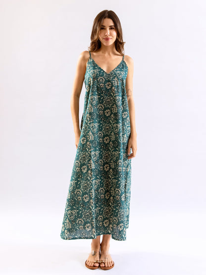 Teal BloomEase Pure Cotton v neck Night Maxi