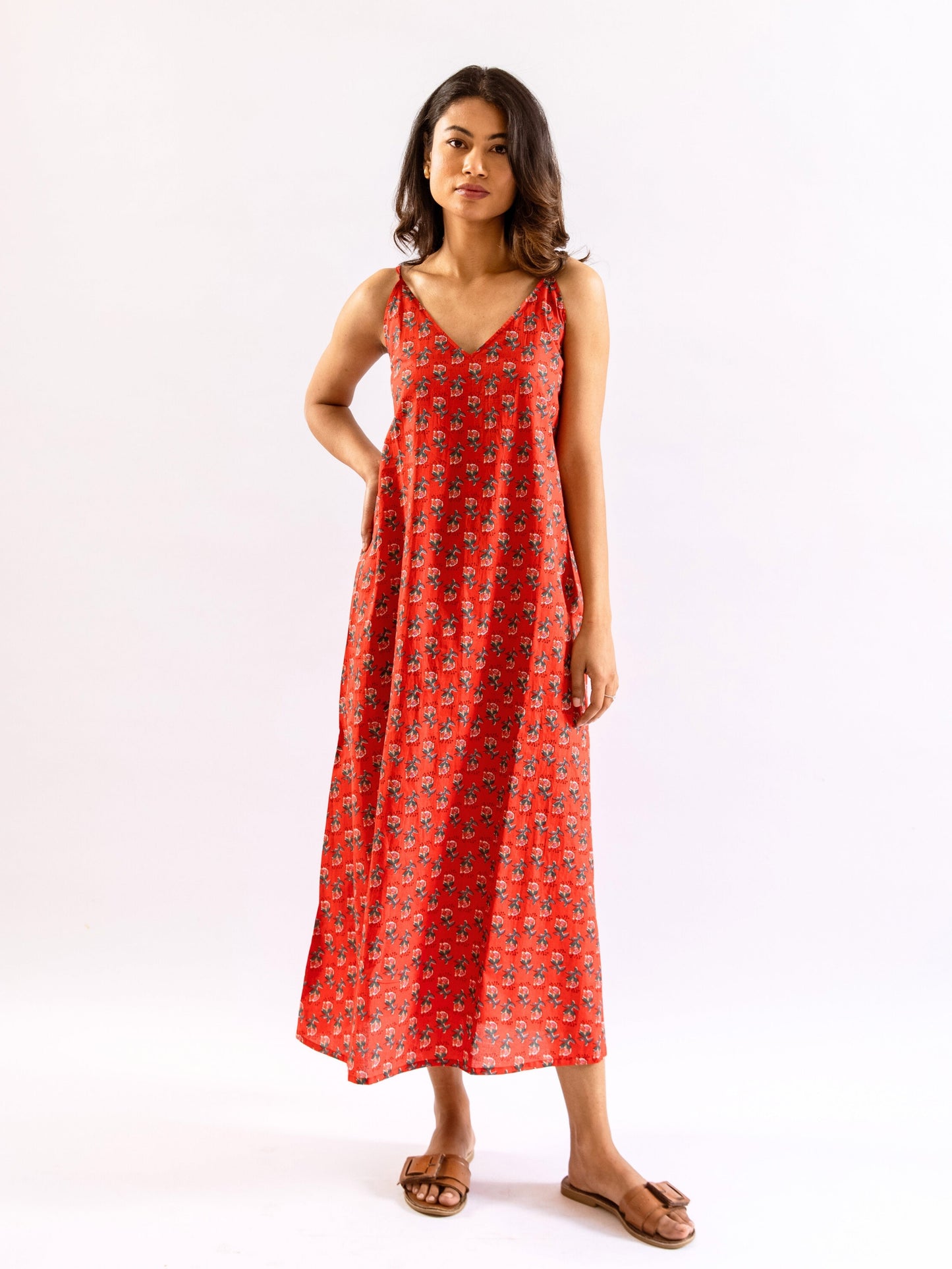 Red Relax Bliss Pure Cotton v neck Night Maxi