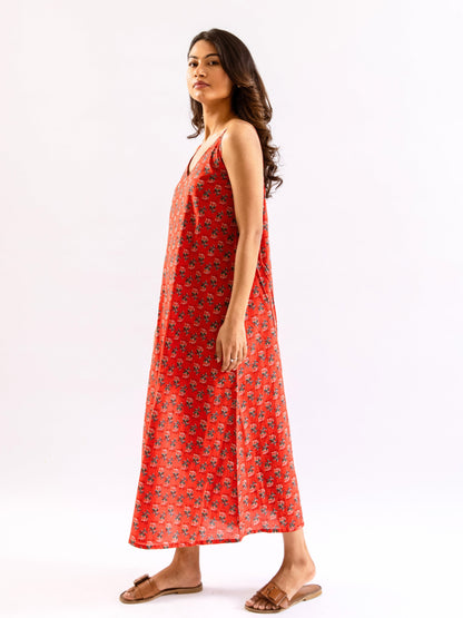 Red Relax Bliss Pure Cotton v neck Night Maxi