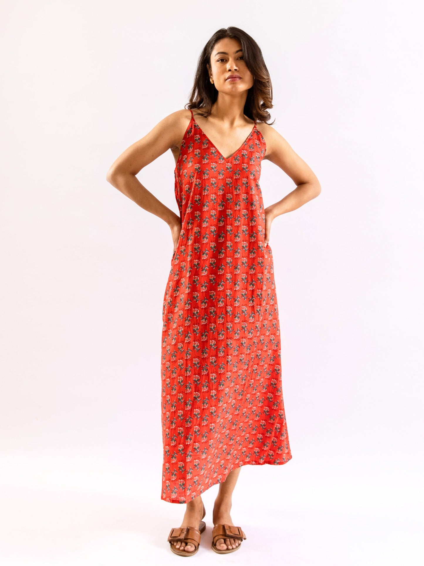Red Relax Bliss Pure Cotton v neck Night Maxi