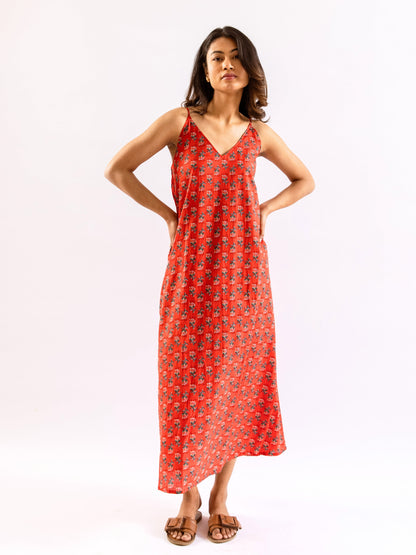 Red Relax Bliss Pure Cotton v neck Night Maxi