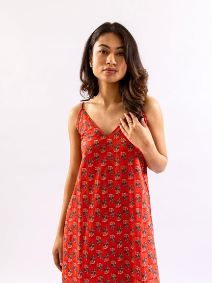 Red Relax Bliss Pure Cotton v neck Night Maxi