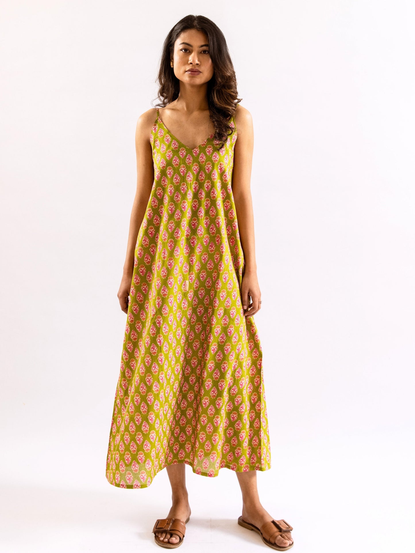 Lime Green Mist Bloom Pure Cotton v neck Night Maxi