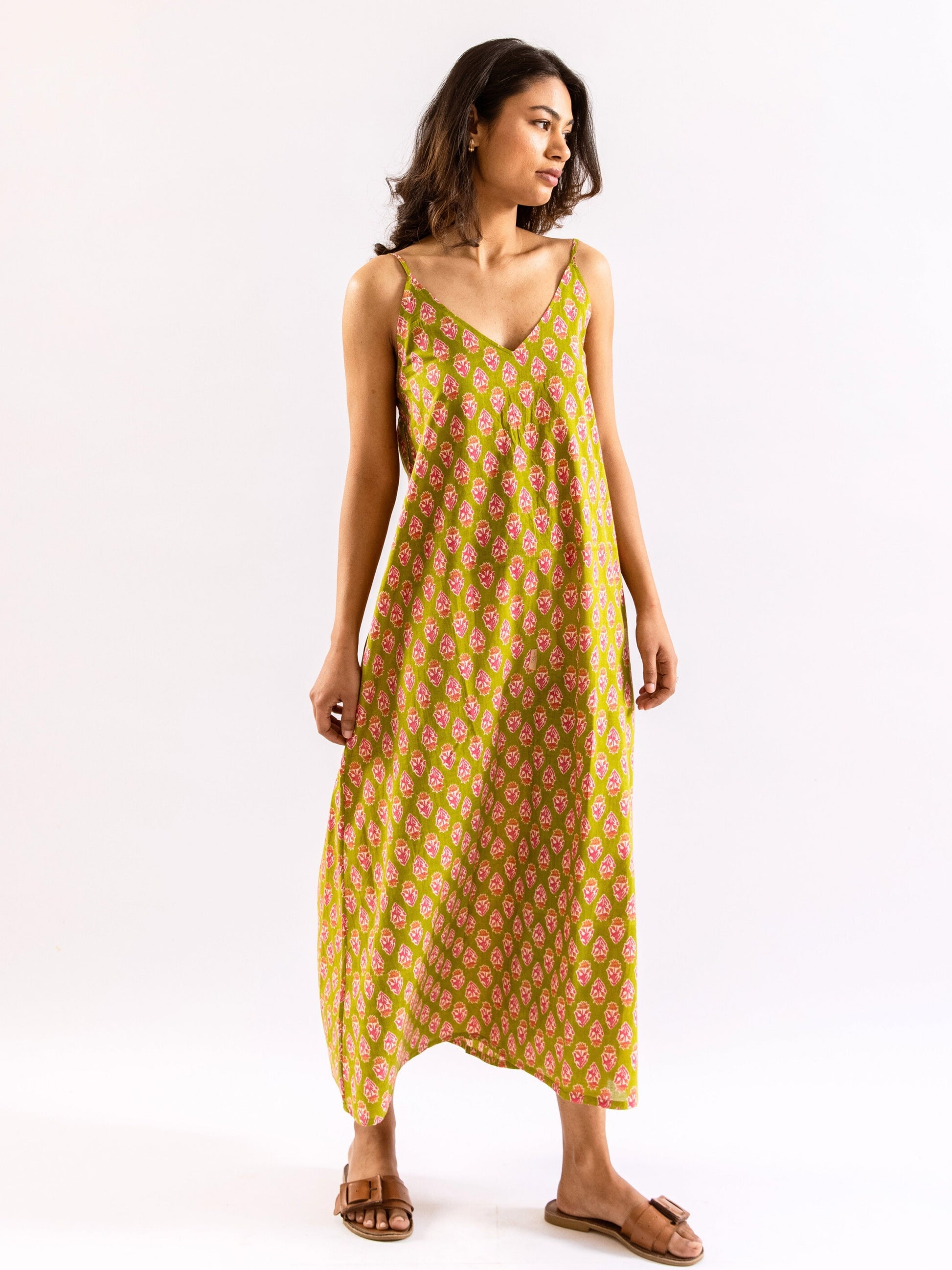 Lime Green Mist Bloom Pure Cotton v neck Night Maxi
