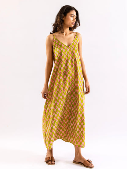Lime Green Mist Bloom Pure Cotton v neck Night Maxi