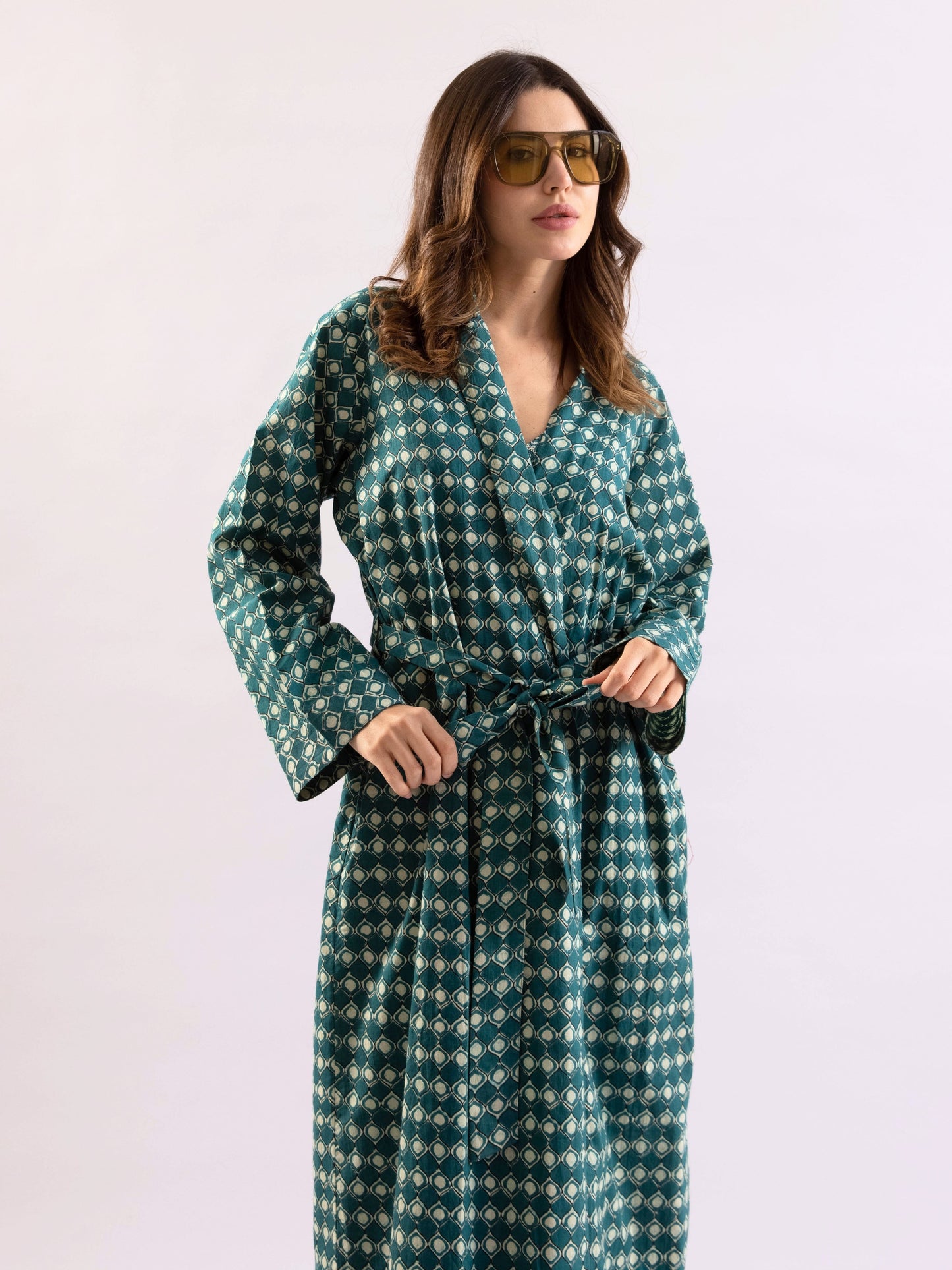 Teal ComfiMosaic Pure Cotton Collar Neck Robe