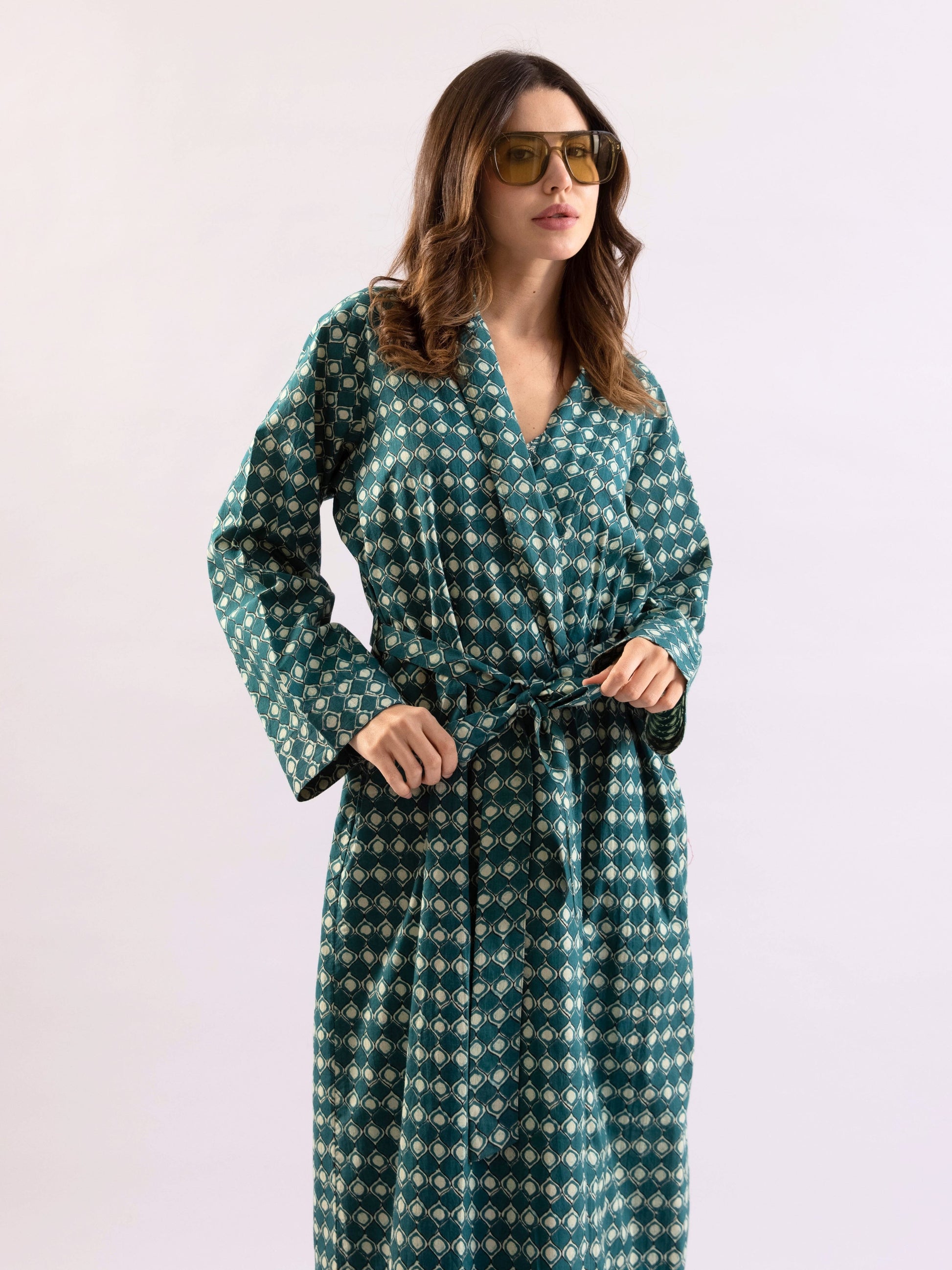 Teal ComfiMosaic Pure Cotton Collar Neck Robe