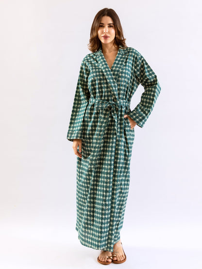 Teal ComfiMosaic Pure Cotton Collar Neck Robe