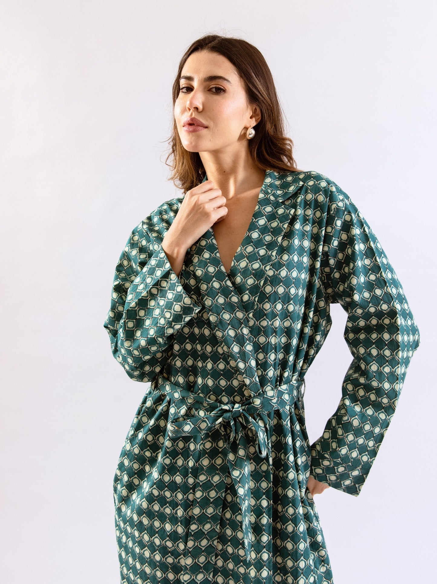 Teal ComfiMosaic Pure Cotton Collar Neck Robe