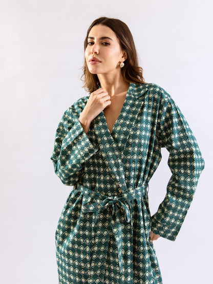 Teal ComfiMosaic Pure Cotton Collar Neck Robe