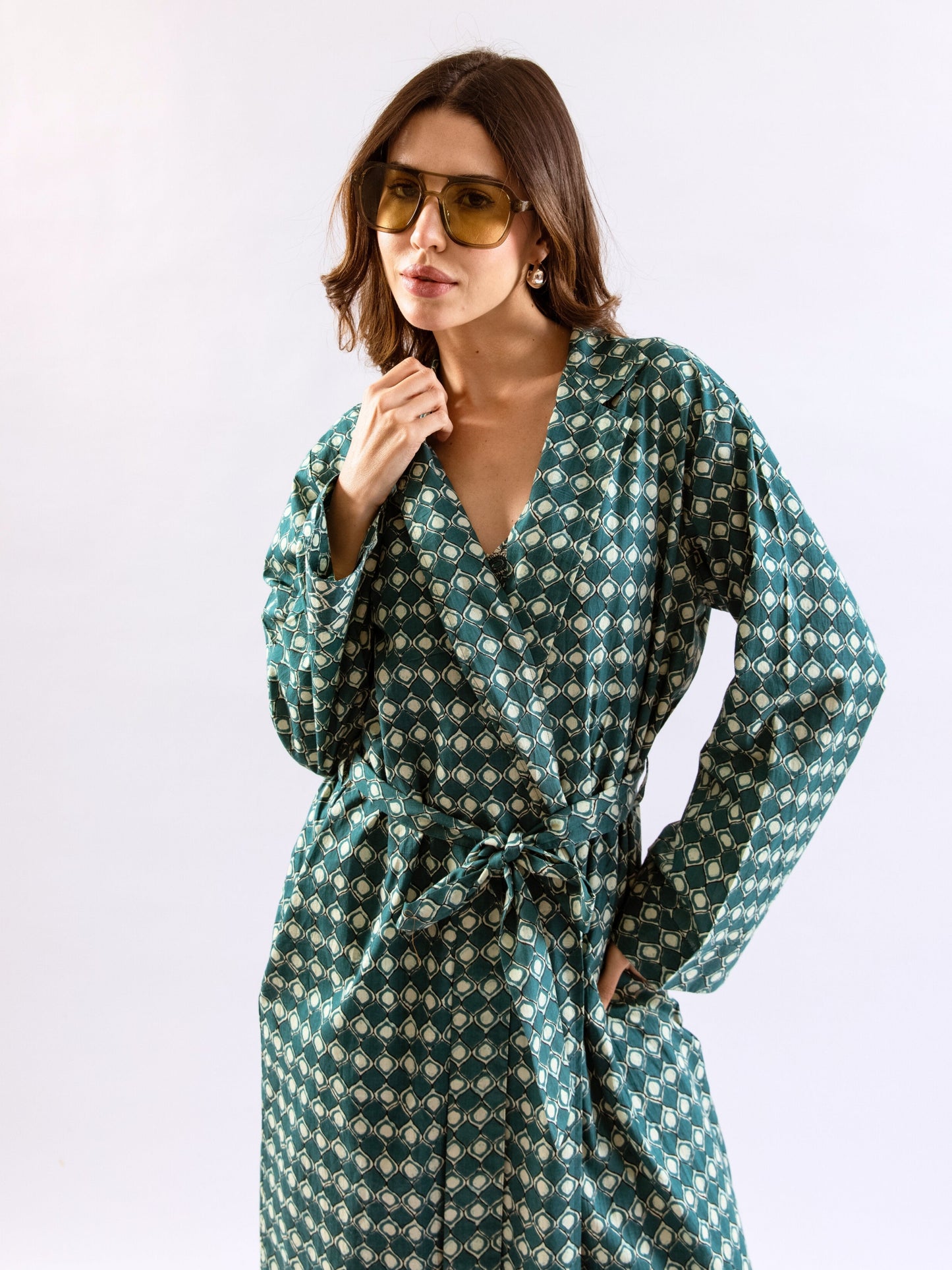 Teal ComfiMosaic Pure Cotton Collar Neck Robe