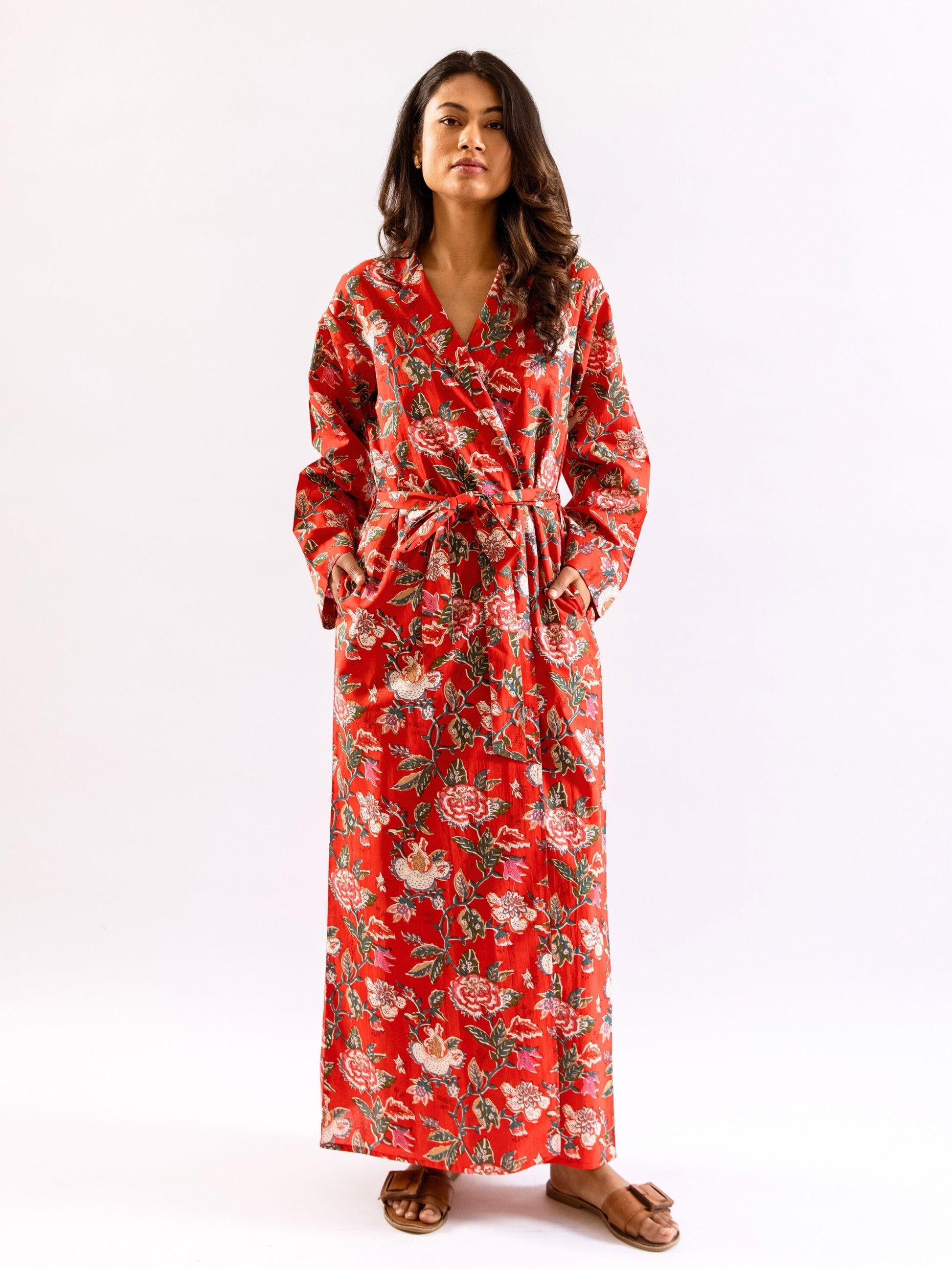 Red BloomEase Pure Cotton Collar Neck Robe
