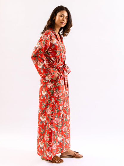 Red BloomEase Pure Cotton Collar Neck Robe