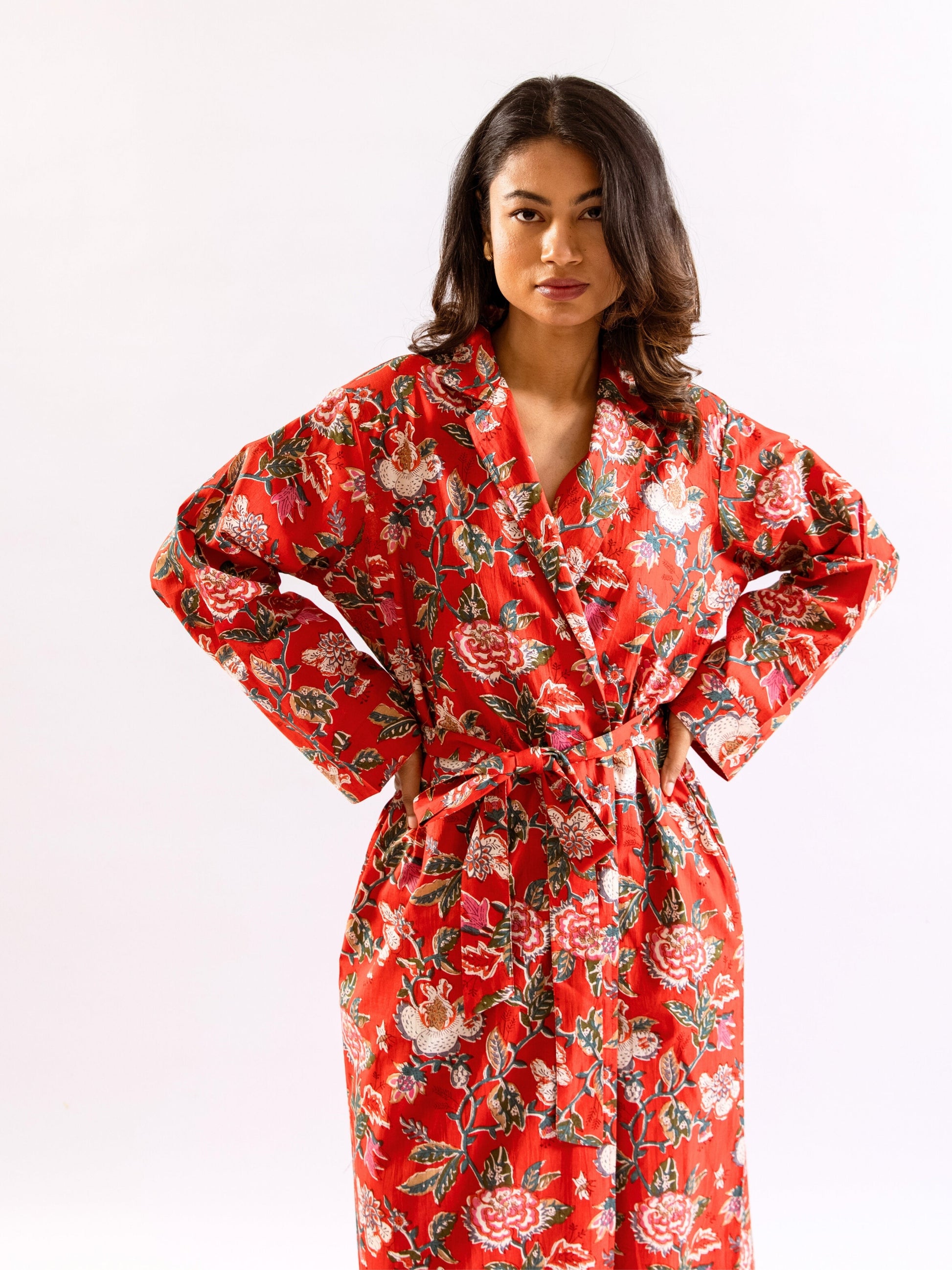 Red BloomEase Pure Cotton Collar Neck Robe