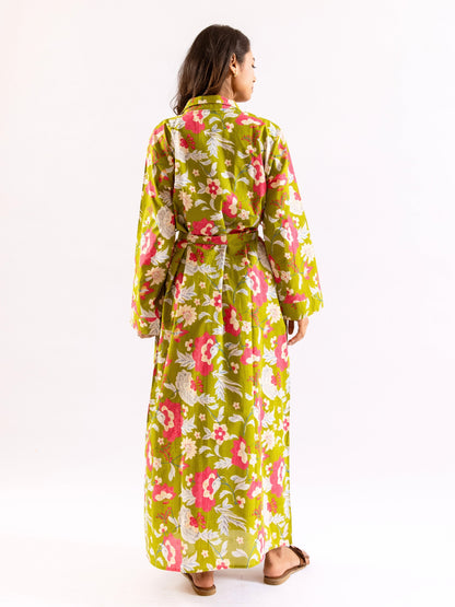Lime Green Leafy Hush Pure Cotton Collar Neck Robe