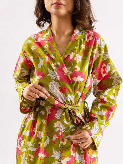 Lime Green Leafy Hush Pure Cotton Collar Neck Robe
