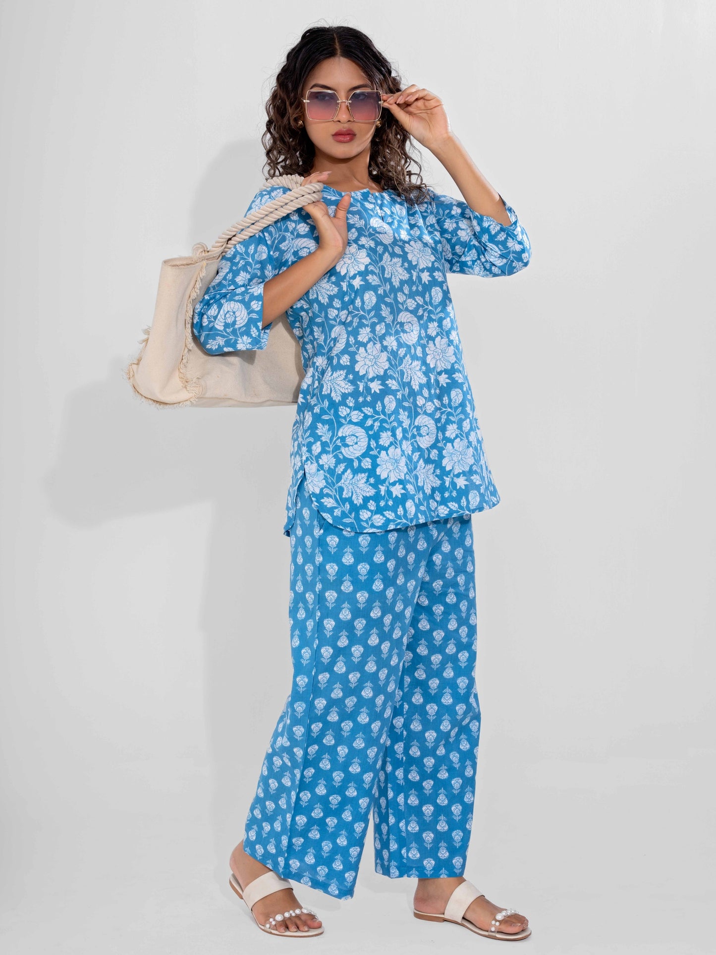 Blue Calm Pure Cotton Round Neck Co-ord Set