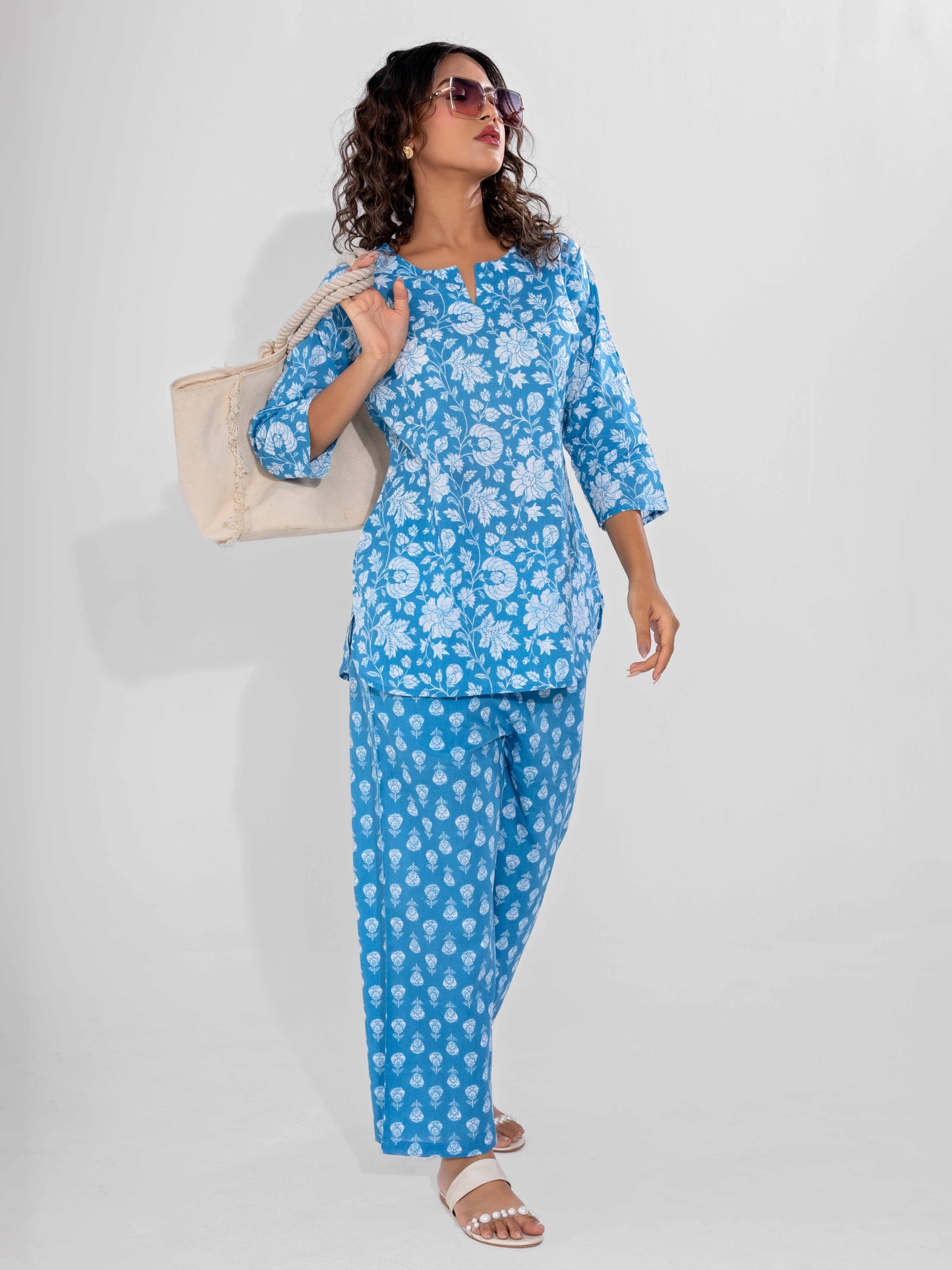 Blue Calm Pure Cotton Round Neck Co-ord Set