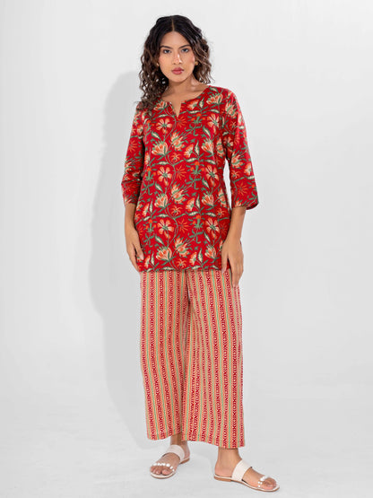 Red Nazakat Pure Cotton Round Neck Co-ord set