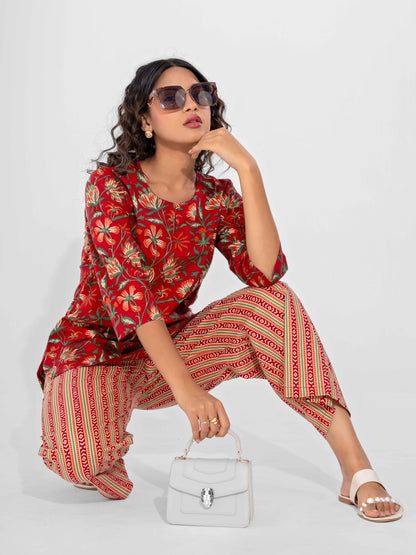 Red Nazakat Pure Cotton Round Neck Co-ord set