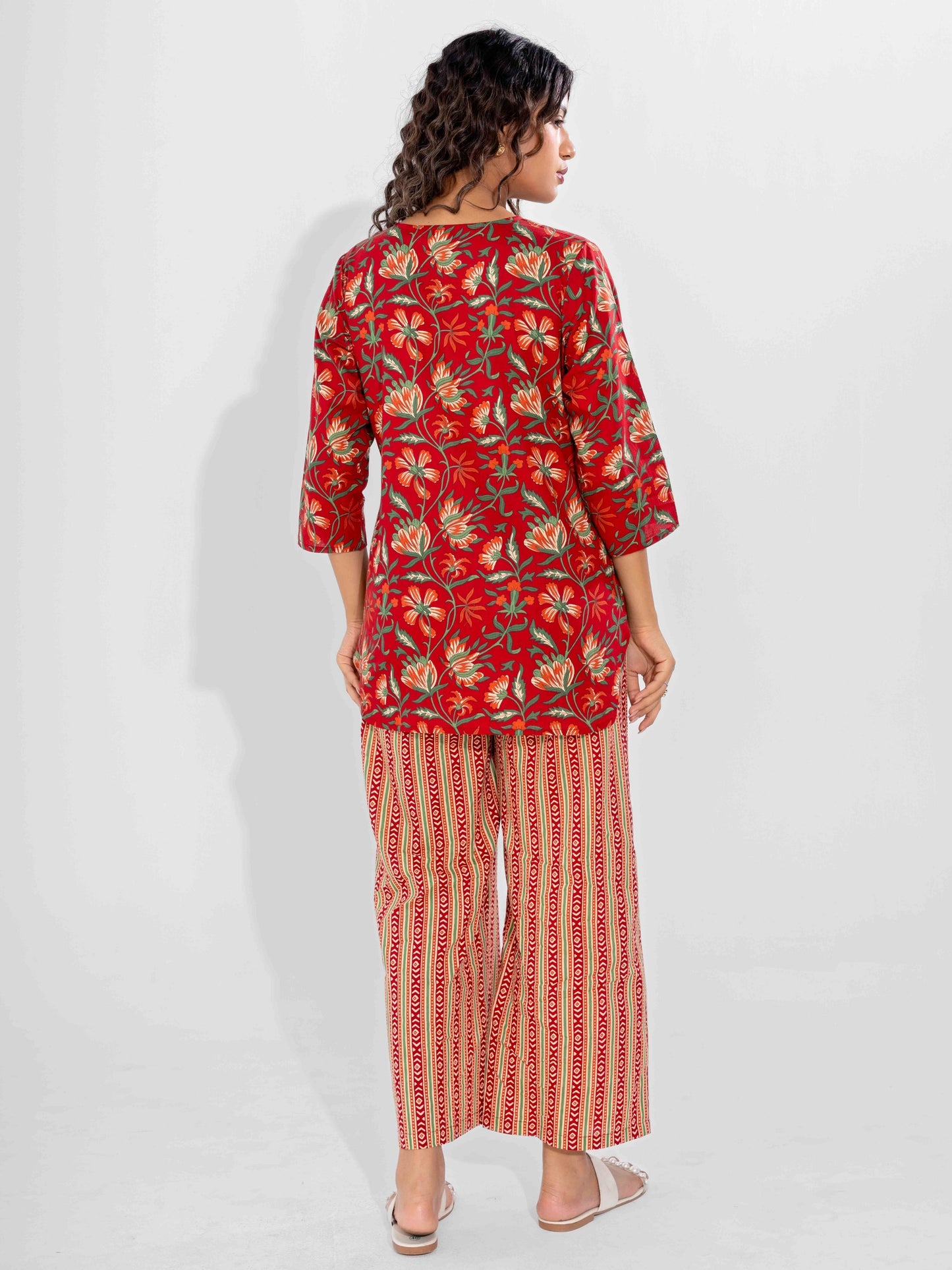 Red Nazakat Pure Cotton Round Neck Co-ord set