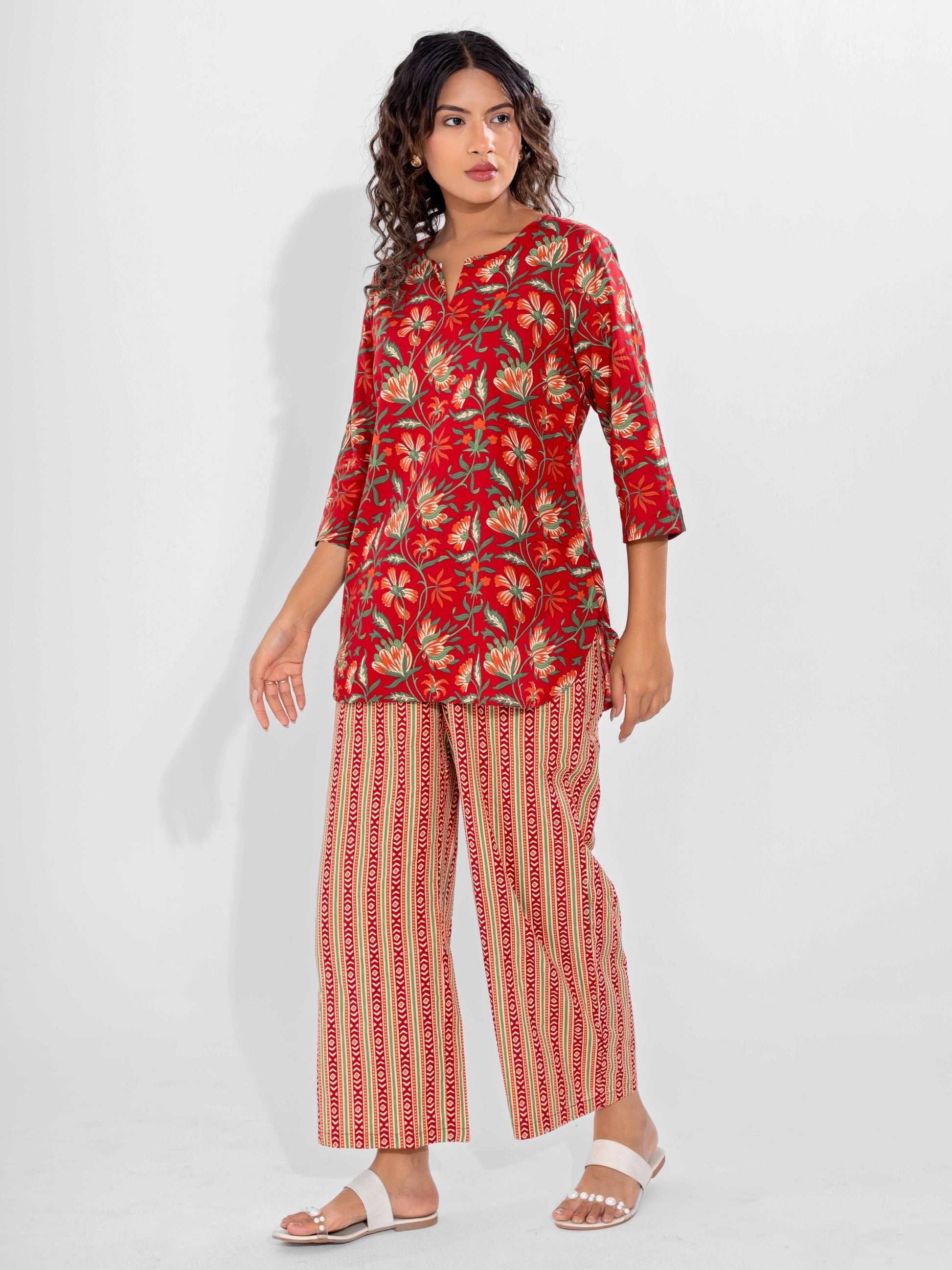 Red Nazakat Pure Cotton Round Neck Co-ord set