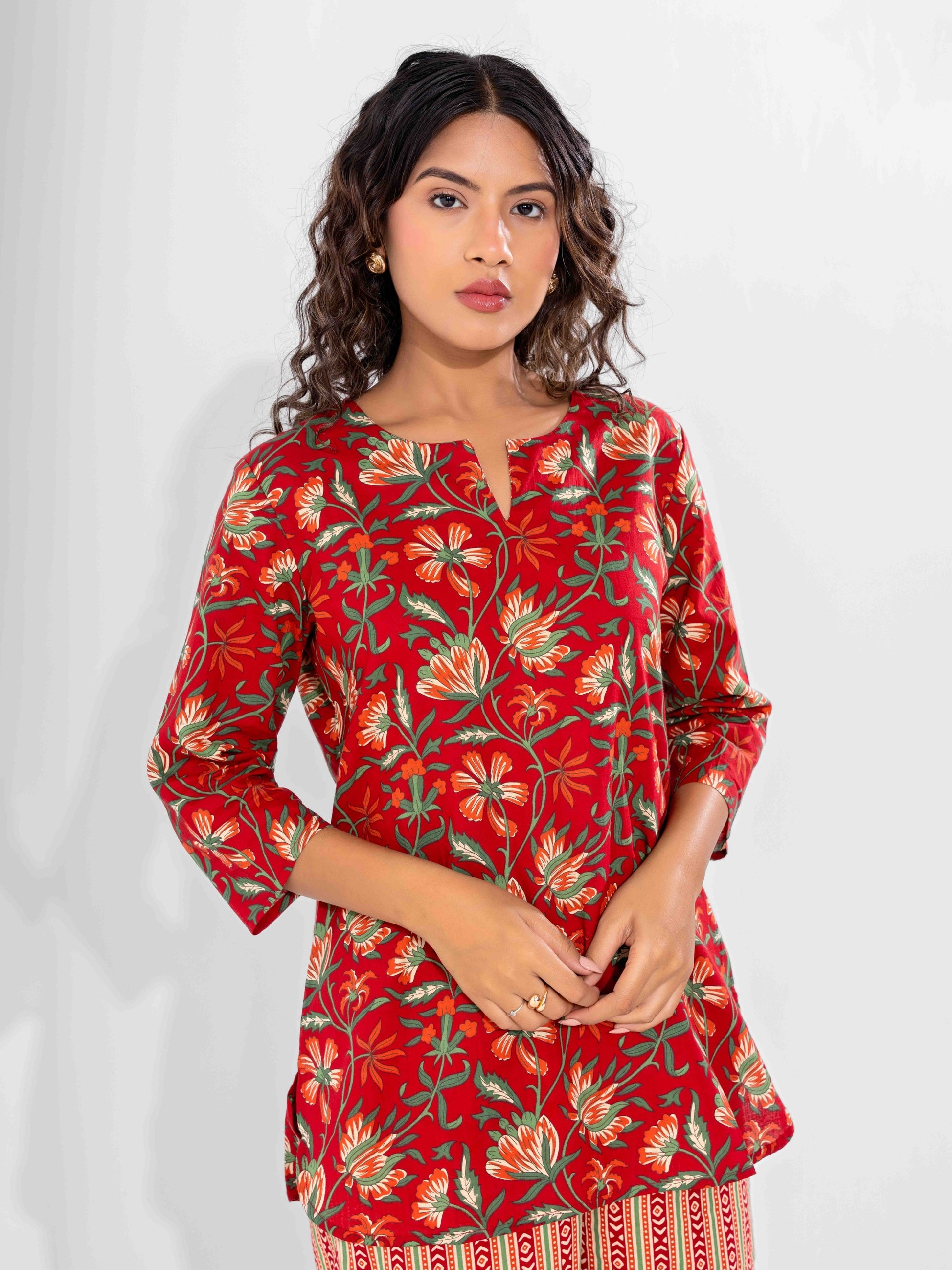 Red Nazakat Pure Cotton Round Neck Co-ord set