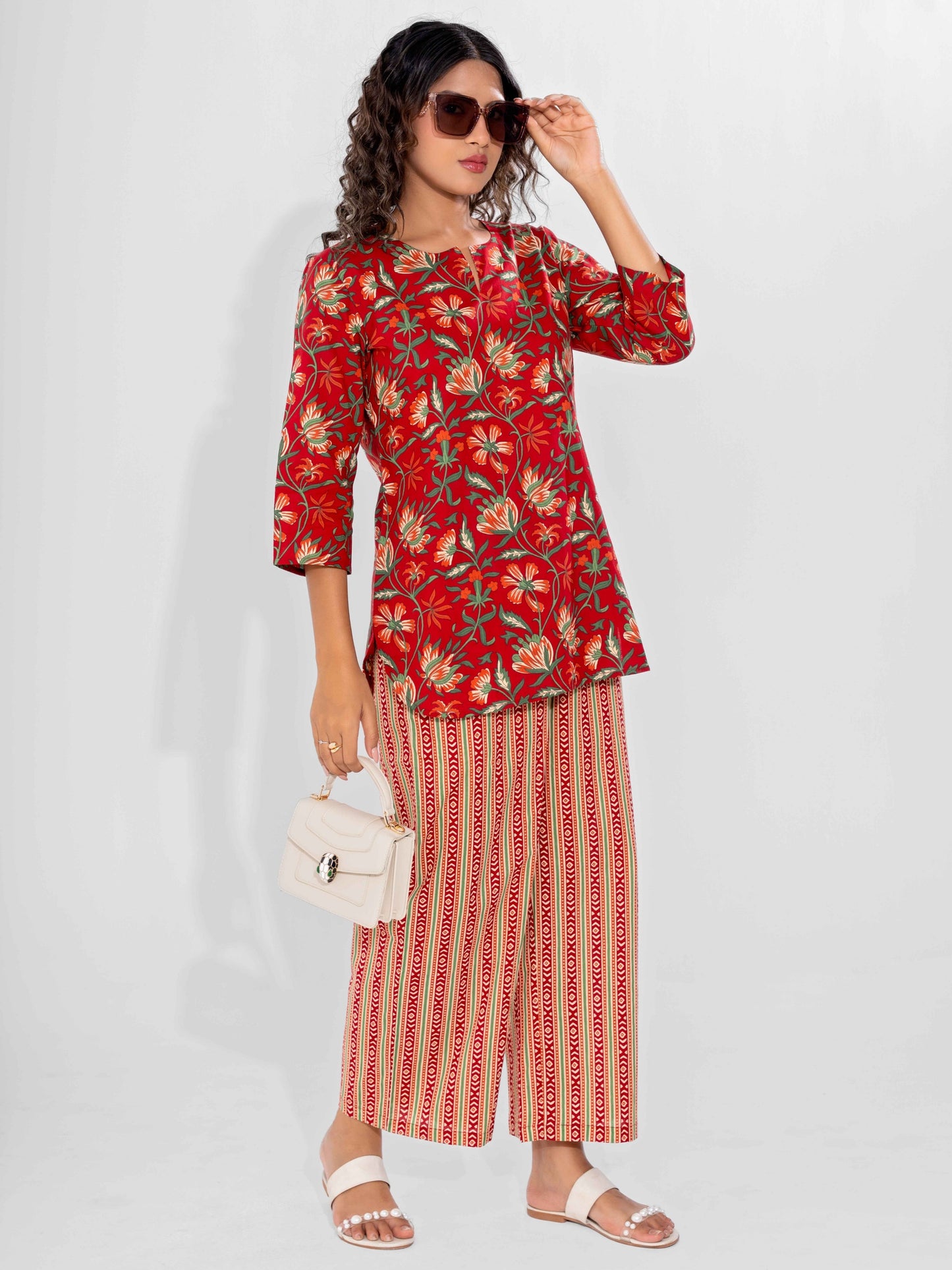 Red Nazakat Pure Cotton Round Neck Co-ord set