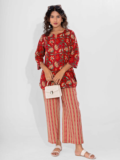 Red Nazakat Pure Cotton Round Neck Co-ord set