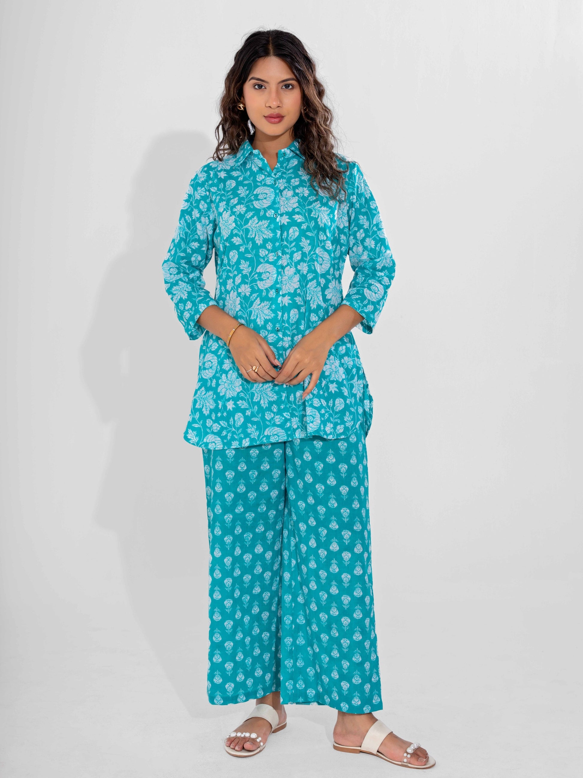 Cyan Pure Cotton Collar Neck Co-ord set